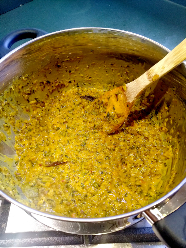 My daal, in the pot at home.  Much more yellow cast than the makhani style above.