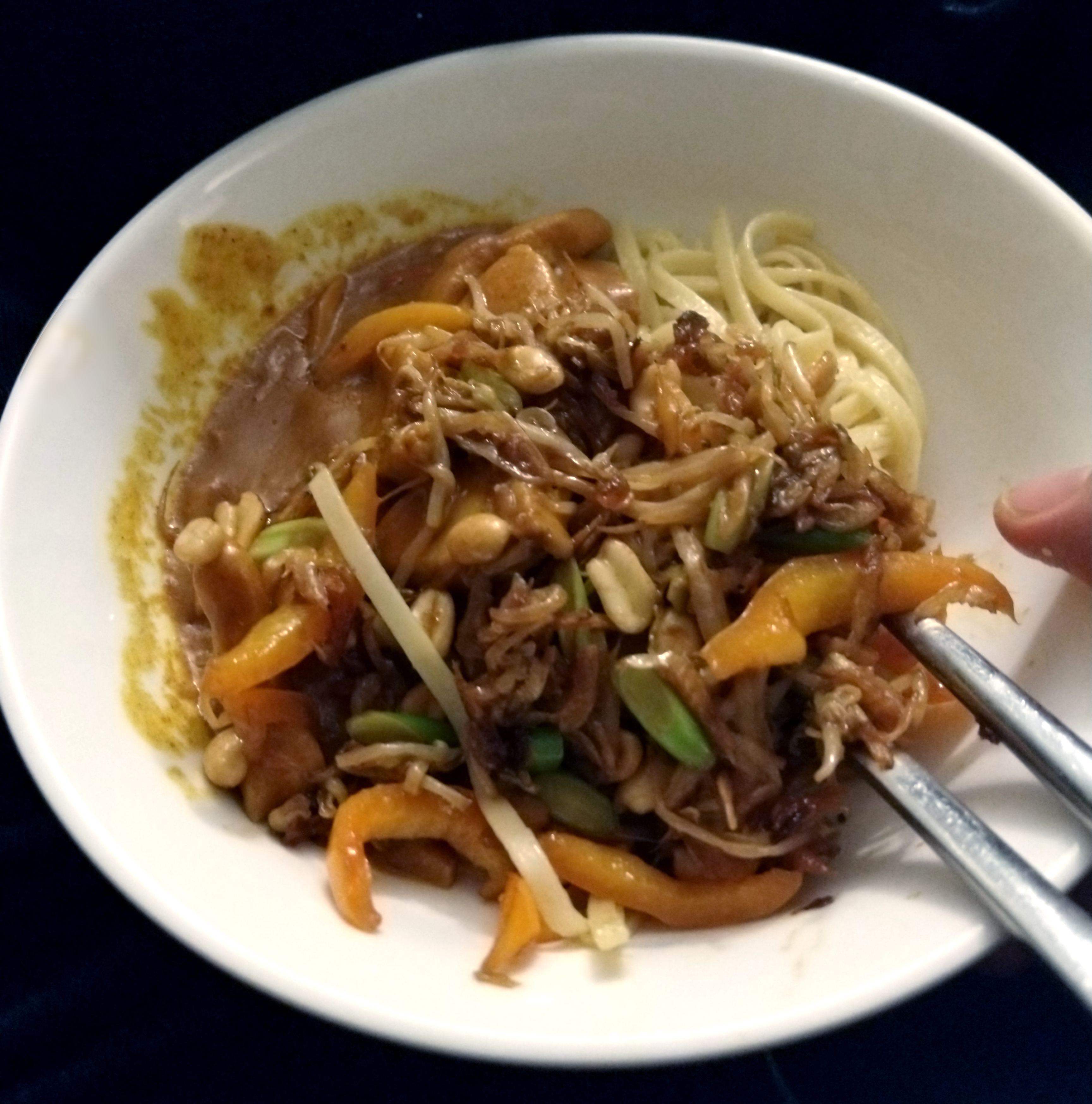 Action shot! My bowl of noodles, showing the fried veggies and satay chicken
