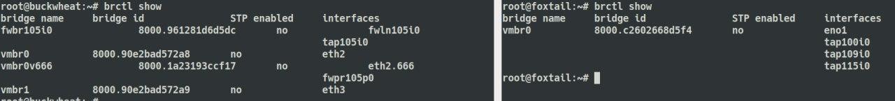 A screenshot of the active bridges on each VM host. Buckwheat is missing a lot.