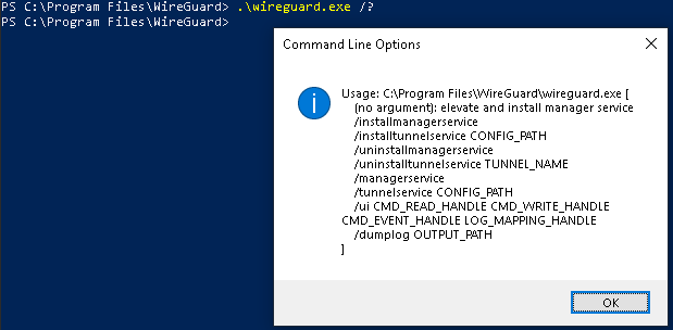 A list of the few parameters for wireguard.exe - /installmanagerservice, /installtunnelservice, and similar uninstallers. No keygen etc.