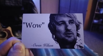 A photo of someone holding a business card.  The business card simply reads 'Wow', in quotation marks, with a picture of Owen Wilson.  It is very droll.