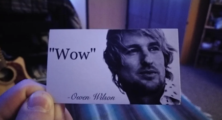 A photo of someone holding a business card. The business card simply reads ‘Wow’, in quotation marks, with a picture of Owen Wilson. It is very droll.