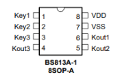 Pinout diagram of the Holtek BS813A-1 in an 8SOP-A package